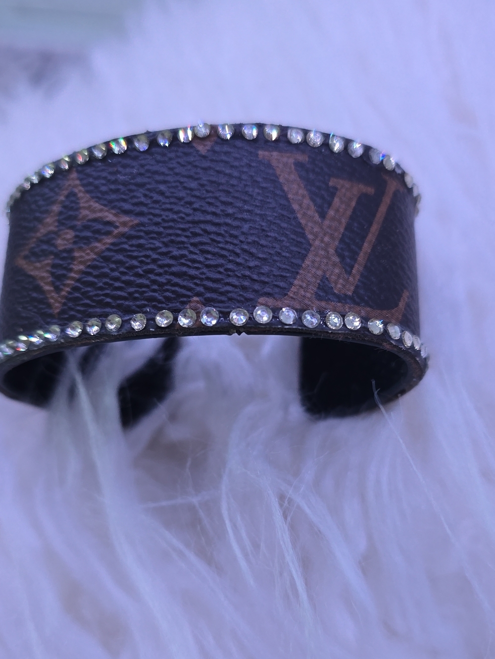 Designer-Style Brown Monogram Leather Cuff Bracelet with Crystal Trim